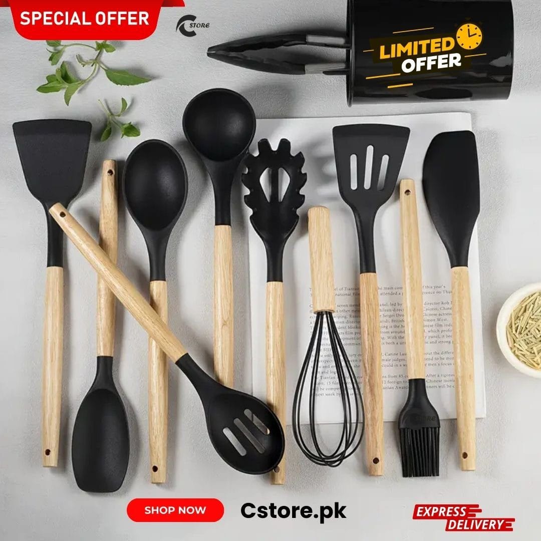 12-Piece Silicone Kitchen Utensil Set | Heat-Resistant, Non-Scratch & BPA-Free with Wooden Handle
