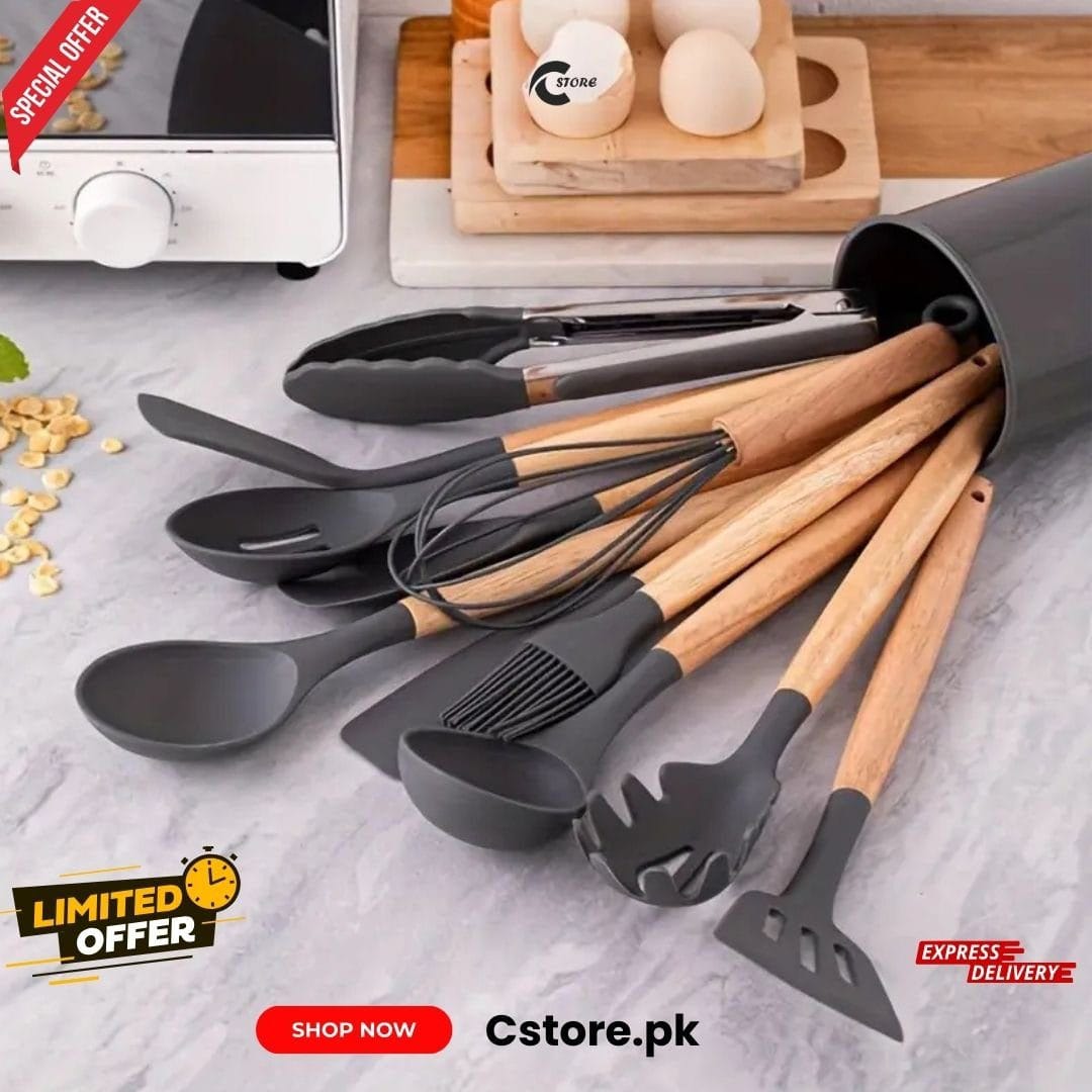 12-Piece Silicone Kitchen Utensil Set | Heat-Resistant, Non-Scratch & BPA-Free with Wooden Handle
