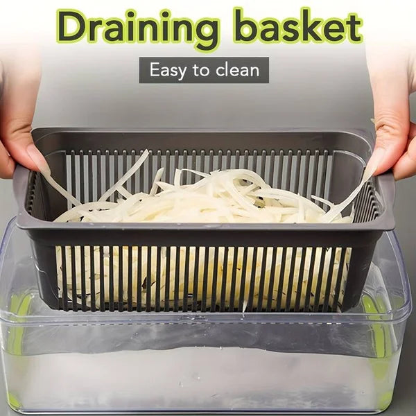 16-in-1 Multifunctional Handheld Vegetable Chopper, Onion Cutter, Fruit Slicer, Potato Presser, Peeler, and Garlic Chopper with Storage Container