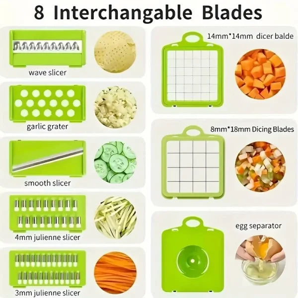 16-in-1 Multifunctional Handheld Vegetable Chopper, Onion Cutter, Fruit Slicer, Potato Presser, Peeler, and Garlic Chopper with Storage Container