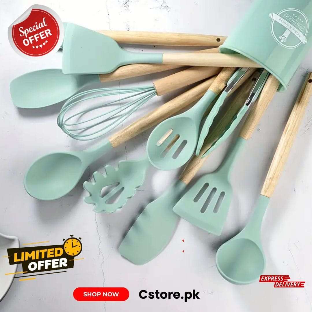 12-Piece Silicone Kitchen Utensil Set | Heat-Resistant, Non-Scratch & BPA-Free with Wooden Handle