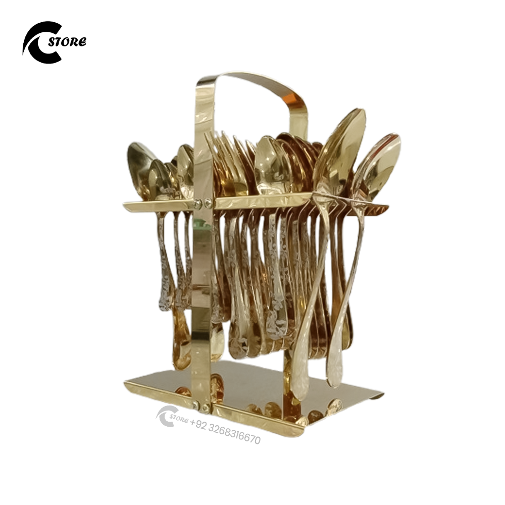 Fine Cutlery 37Pcs Gold Coated Stainless Steel Cutlery Set | 14 Gauge Premium Flatware with Stand | Ideal for Gifting & Home Use