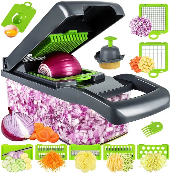 16-in-1 Multifunctional Handheld Vegetable Chopper, Onion Cutter, Fruit Slicer, Potato Presser, Peeler, and Garlic Chopper with Storage Container