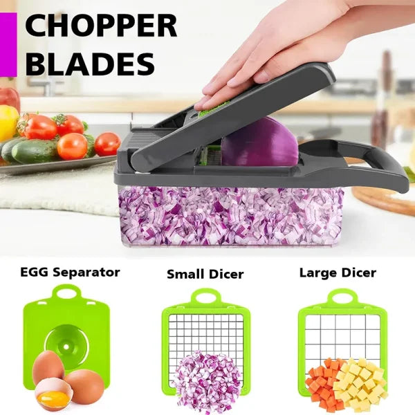 16-in-1 Multifunctional Handheld Vegetable Chopper, Onion Cutter, Fruit Slicer, Potato Presser, Peeler, and Garlic Chopper with Storage Container