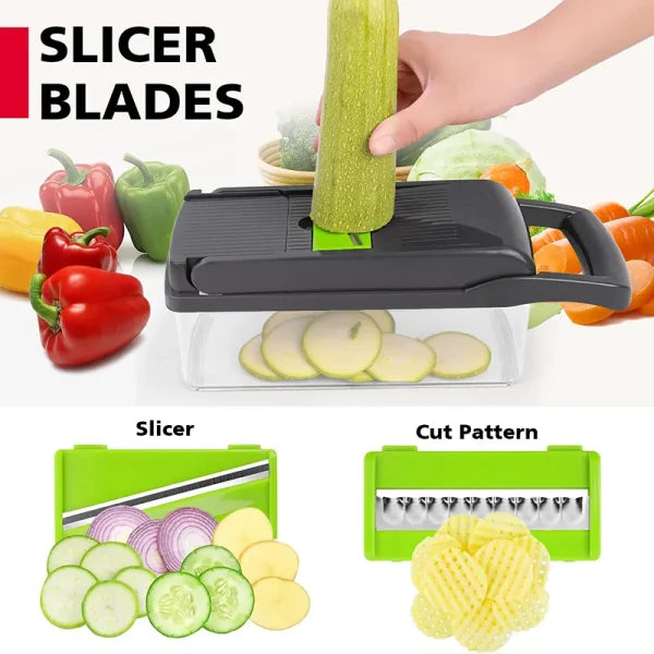 16-in-1 Multifunctional Handheld Vegetable Chopper, Onion Cutter, Fruit Slicer, Potato Presser, Peeler, and Garlic Chopper with Storage Container