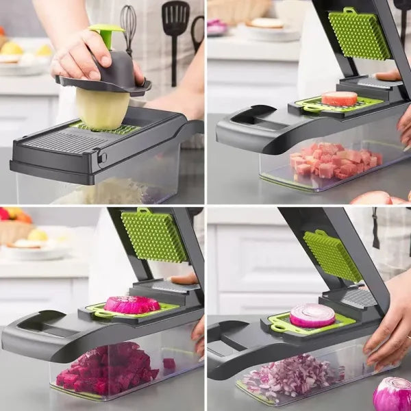 16-in-1 Multifunctional Handheld Vegetable Chopper, Onion Cutter, Fruit Slicer, Potato Presser, Peeler, and Garlic Chopper with Storage Container