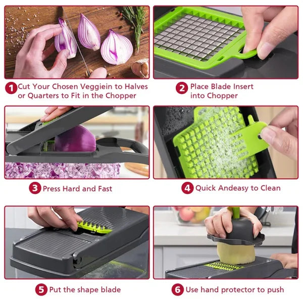 16-in-1 Multifunctional Handheld Vegetable Chopper, Onion Cutter, Fruit Slicer, Potato Presser, Peeler, and Garlic Chopper with Storage Container