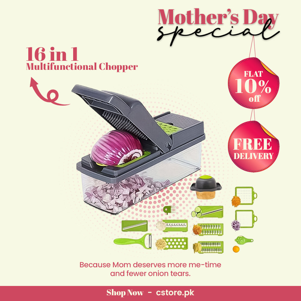 16-in-1 Multifunctional Handheld Vegetable Chopper, Onion Cutter, Fruit Slicer, Potato Presser, Peeler, and Garlic Chopper with Storage Container