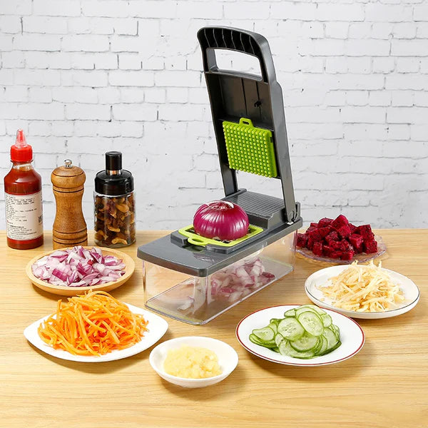 16-in-1 Multifunctional Handheld Vegetable Chopper, Onion Cutter, Fruit Slicer, Potato Presser, Peeler, and Garlic Chopper with Storage Container