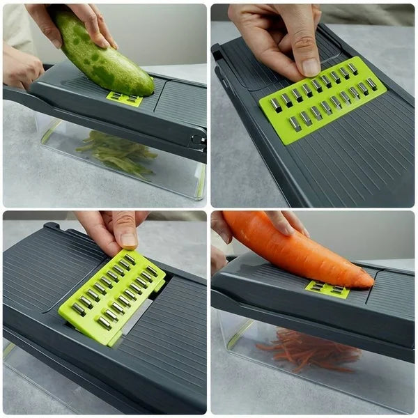 16-in-1 Multifunctional Handheld Vegetable Chopper, Onion Cutter, Fruit Slicer, Potato Presser, Peeler, and Garlic Chopper with Storage Container