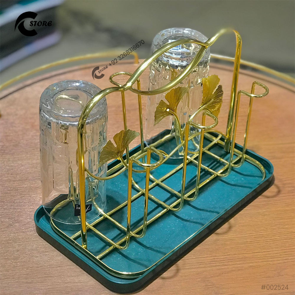 Modern Gold Metal Glass Holder Rack With Green Tray | 6 Hook Cup Drying Stand | Minimalist Design for Kitchen Countertop