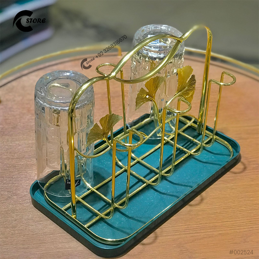 Modern Gold Metal Glass Holder Rack With Green Tray | 6 Hook Cup Drying Stand | Minimalist Design for Kitchen Countertop