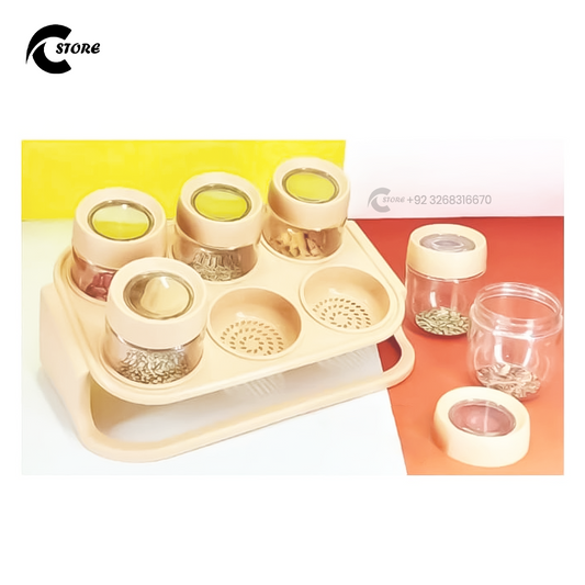 Spice Zone Decora 6-Jar Airtight Spice Rack Set | 250g Masala Containers with Spoons | Wall Mounted & Countertop Acrylic Crystal Organizer for Kitchen