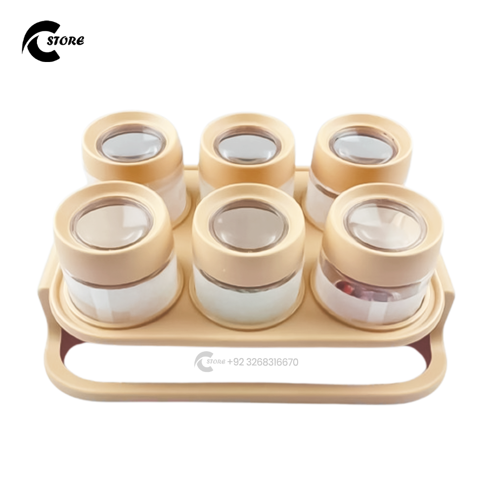 Spice Zone Decora 6 Jar Airtight Spice Rack Set | 250g Masala Containers with Spoons | Wall Mounted & Countertop Acrylic Crystal Organizer for Kitchen