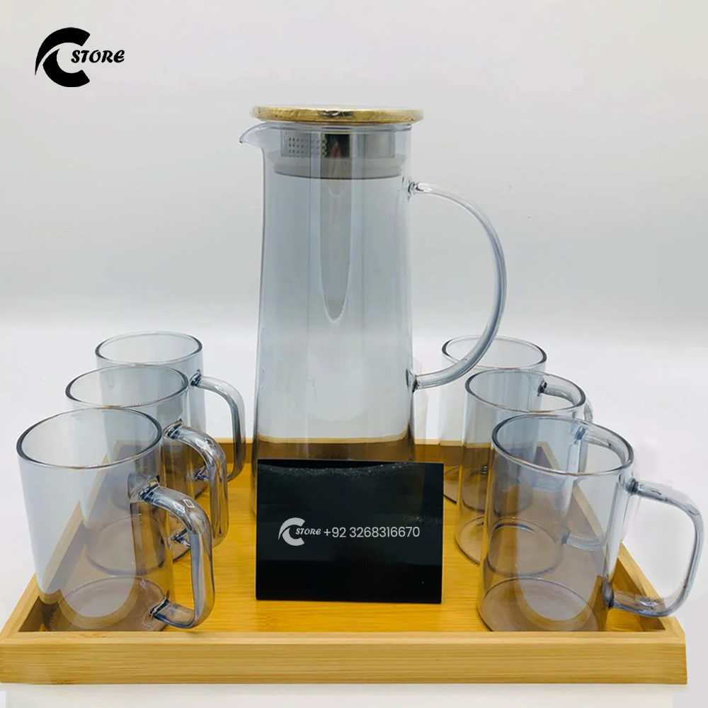 Premium Glass Water Set With Gold-Lid Jug, 6 Mugs &amp; Bamboo Tray | Elegant Drinkware for Home &amp; Office