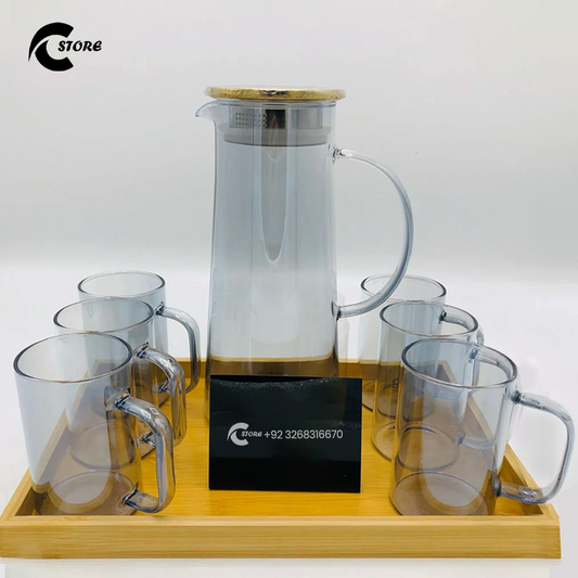 Premium Glass Water Set With Gold-Lid Jug, 6 Mugs &amp; Bamboo Tray | Elegant Drinkware for Home &amp; Office