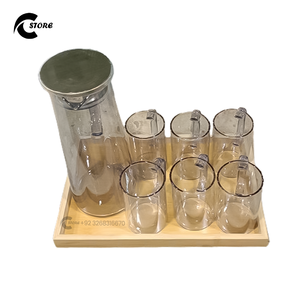Premium Glass Water Set With Gold-Lid Jug, 6 Mugs &amp; Bamboo Tray | Elegant Drinkware for Home &amp; Office