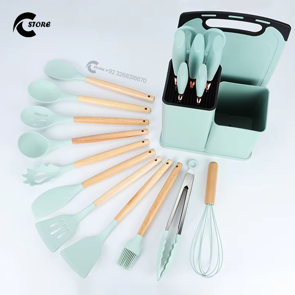 19-Piece Silicone Kitchen Utensil Set with Wooden Handles | Heat-Resistant & BPA-Free Non-Stick Cookware Tools with Knife Block, Cutting Board & Utensil Holder
