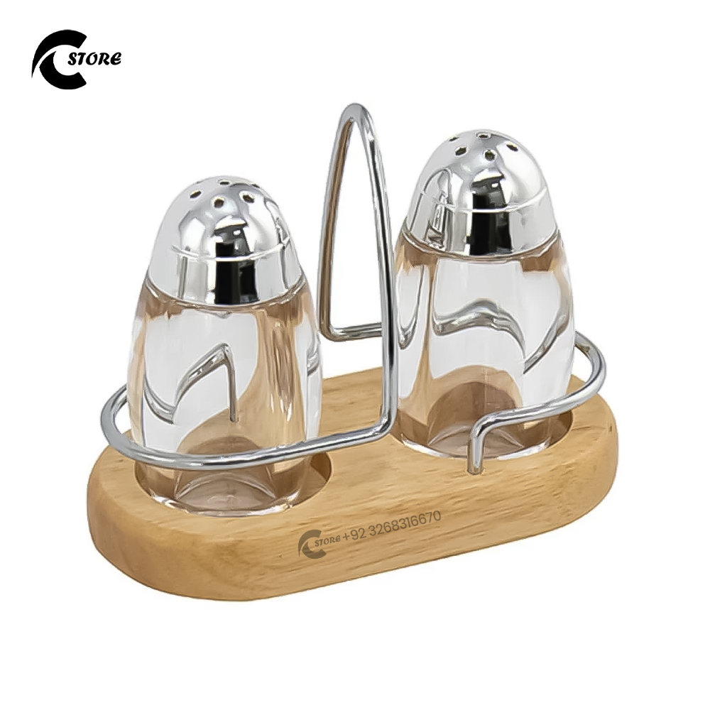 2 Pcs Acrylic Salt &amp; Pepper Shaker Set With Tray Holder | Stylish Salt &amp; Pepper Dispenser With Wooden Finish | Condiment Jar