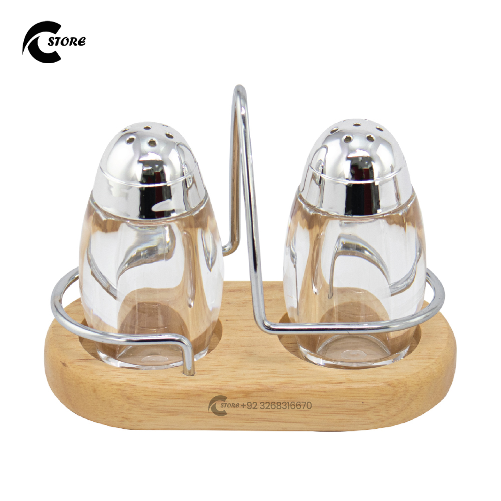 2 Pcs Acrylic Salt &amp; Pepper Shaker Set With Tray Holder | Stylish Salt &amp; Pepper Dispenser With Wooden Finish | Condiment Jar