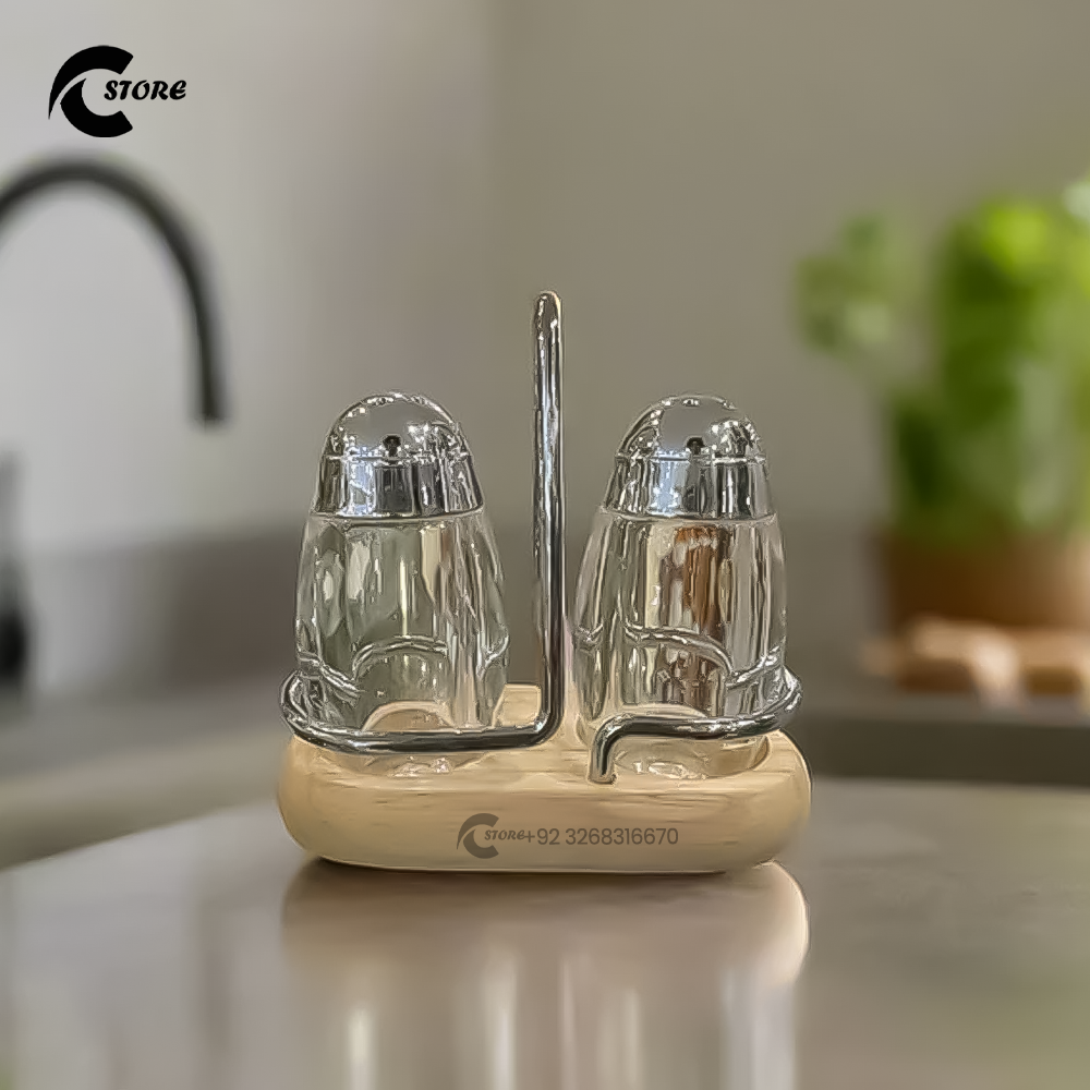 2 Pcs Acrylic Salt &amp; Pepper Shaker Set With Tray Holder | Stylish Salt &amp; Pepper Dispenser With Wooden Finish | Condiment Jar
