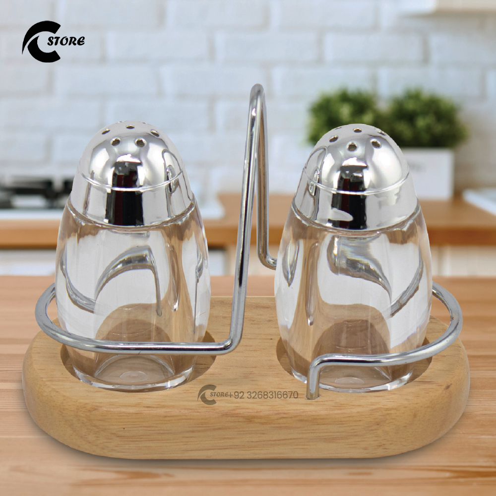 2 Pcs Acrylic Salt &amp; Pepper Shaker Set With Tray Holder | Stylish Salt &amp; Pepper Dispenser With Wooden Finish | Condiment Jar
