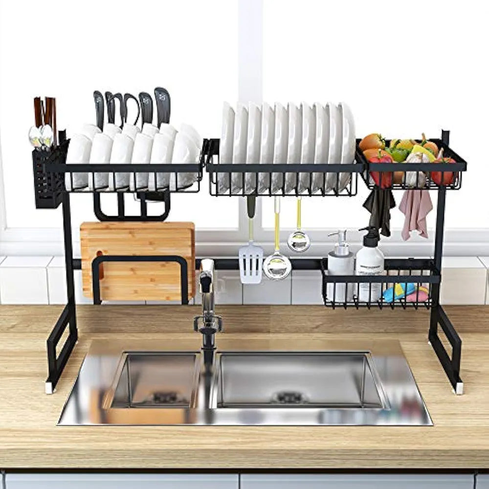 Black Apricot Over the Sink Kitchen Rack | Compact &amp; Space-Saving Carbon Steel Dish Organizer With Utensil Holder &amp; Hooks