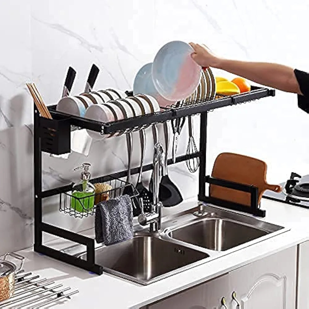 Black Apricot Over the Sink Kitchen Rack | Compact &amp; Space-Saving Carbon Steel Dish Organizer With Utensil Holder &amp; Hooks