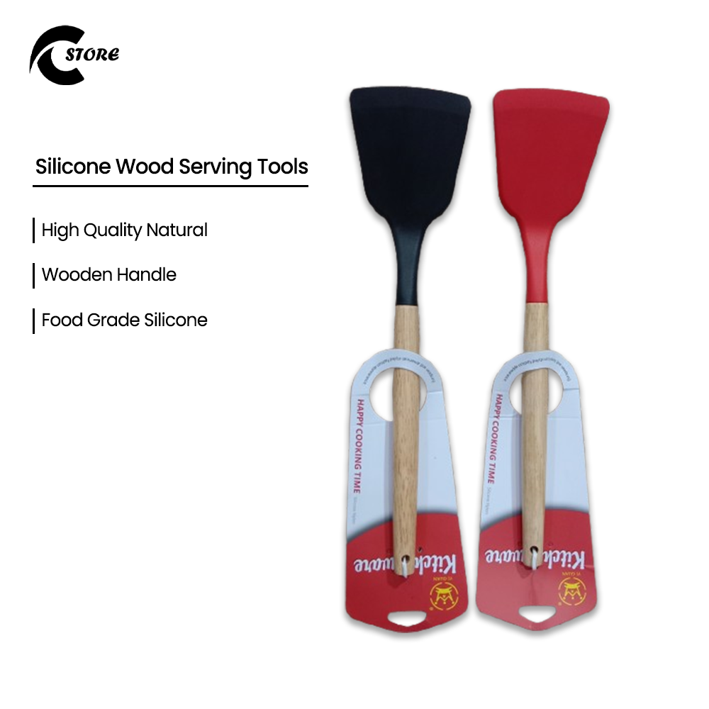 Pack of 3 Silicone Wood Serving Tools | High-Quality Acacia Wooden Handle | Heat-Resistant, Food-Grade BPA-Free Silicone Cooking Spatula