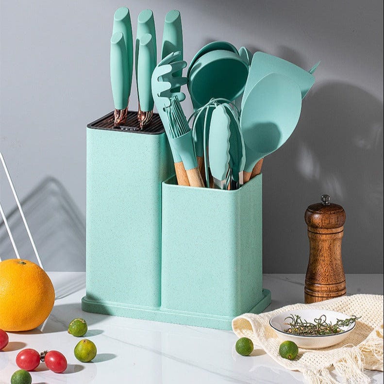 19-Piece Silicone Kitchen Utensil Set with Wooden Handles | Heat-Resistant & BPA-Free Non-Stick Cookware Tools with Knife Block, Cutting Board & Utensil Holder