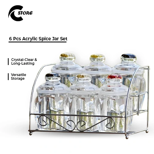 6-Piece Acrylic Spice Jar Set | Salt &amp; Pepper Shakers With Stainless Steel Tray Holder | Masala Rack