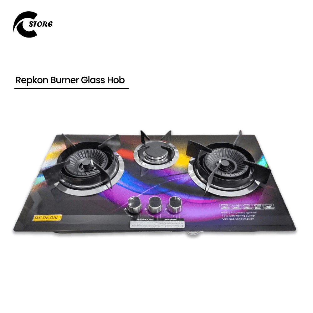 Repkon Burner Glass Hob | 3D Printed Non-Round Glass | 3 Imported Burners &amp; Cast Iron Pan Support (NG &amp; LPG Compatible)