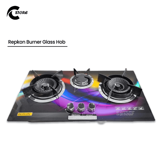 Repkon Burner Glass Hob | 3D Printed Non-Round Glass | 3 Imported Burners &amp; Cast Iron Pan Support (NG &amp; LPG Compatible)