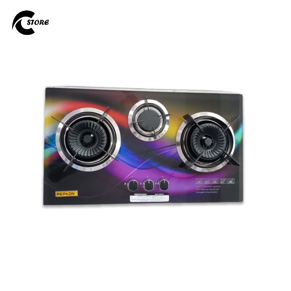 Repkon Burner Glass Hob | 3D Printed Non-Round Glass | 3 Imported Burners &amp; Cast Iron Pan Support (NG &amp; LPG Compatible)