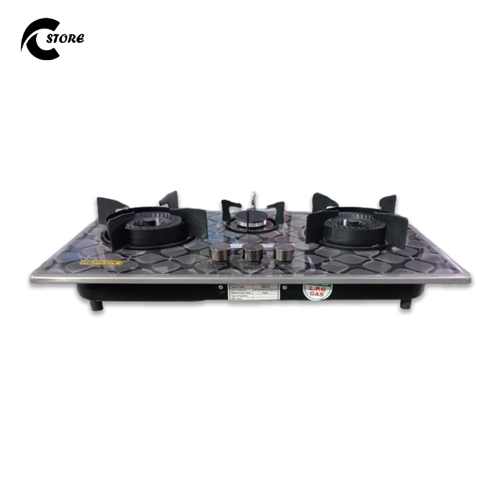 Repkon Burner Steel Hob | 3 Burner Auto Ignition Gas Stove with Cast Iron Support | NG &amp; LPG Compatible