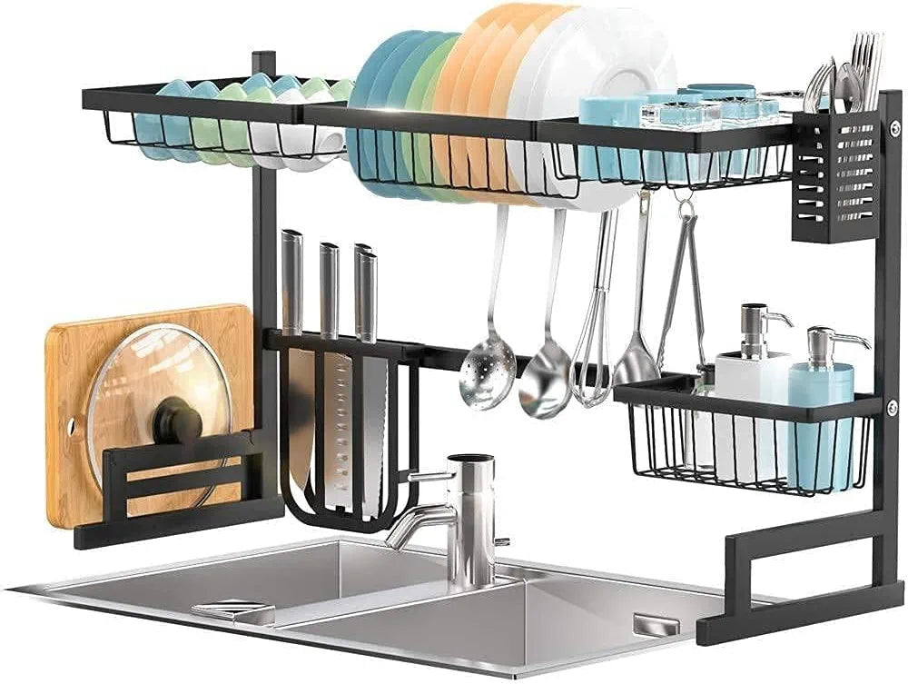 Black Apricot Over the Sink Kitchen Rack | Compact &amp; Space-Saving Carbon Steel Dish Organizer With Utensil Holder &amp; Hooks