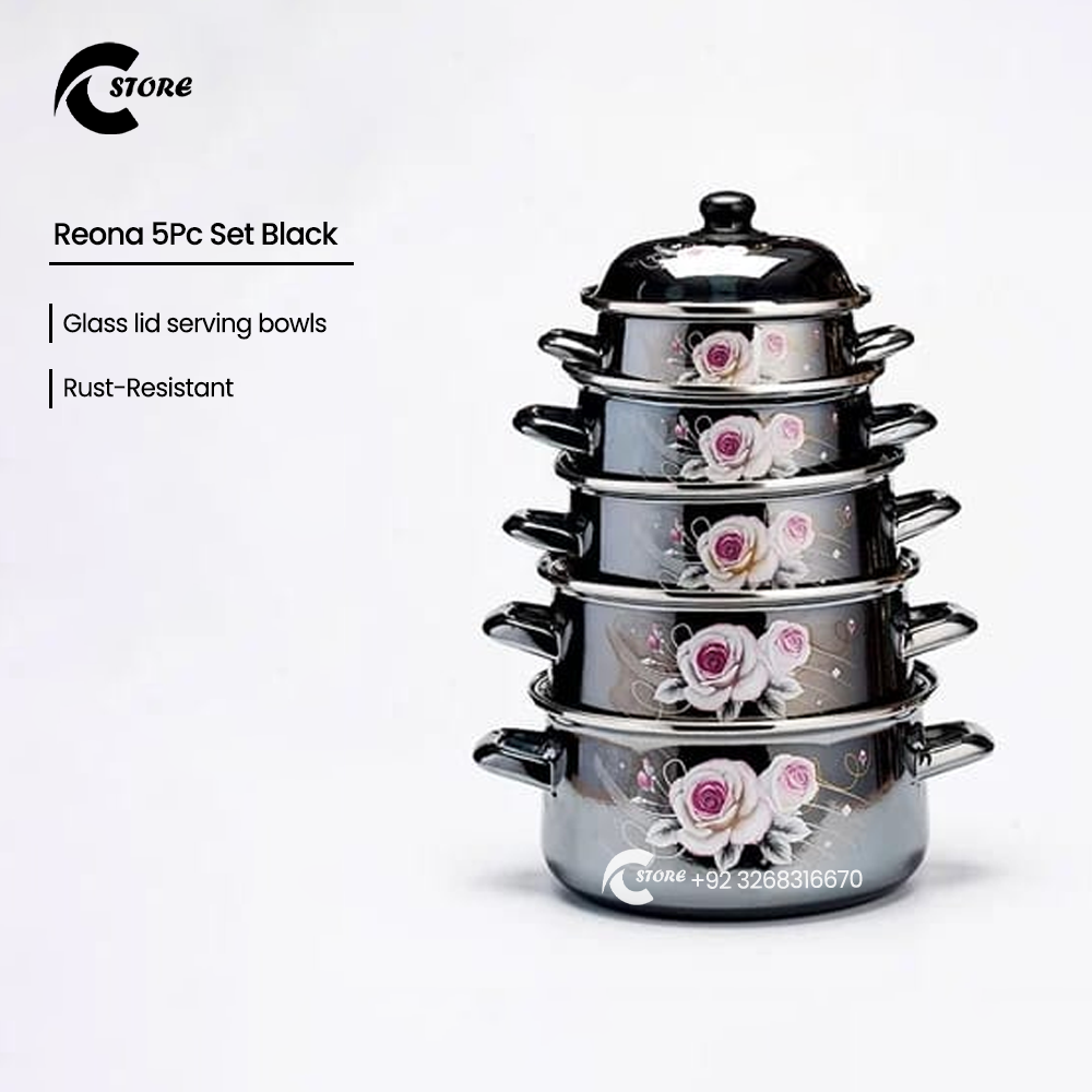 Reona 5-Piece Stainless Steel Serving Bowl Set with Glass Lids | Multi-Size Casserole Cookware for Cooking &amp; Serving