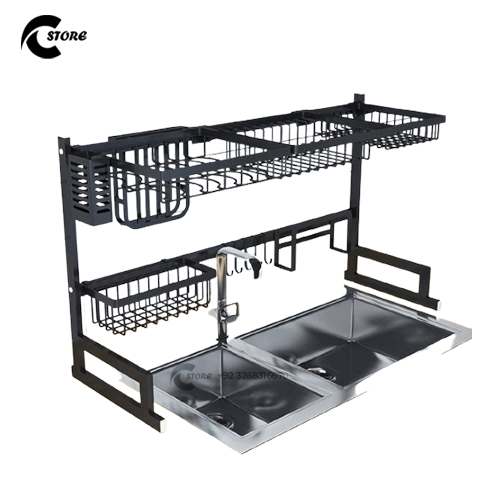 Black Apricot Over the Sink Kitchen Rack | Compact &amp; Space-Saving Carbon Steel Dish Organizer With Utensil Holder &amp; Hooks