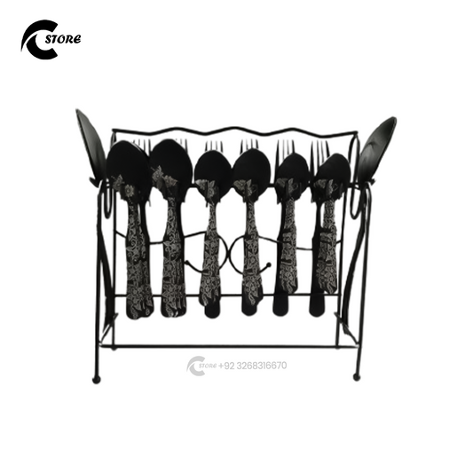 Dolphin Black 29Pcs Cutlery Set | Premium 14 Gauge Stainless Steel with Elegant Black Coating | Includes Serving Spoons, Forks, Dessert & Tea Spoons + Stand