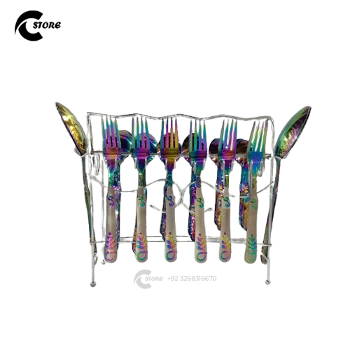 Dolphin Cutlery Multy 29-Piece Stainless Steel Set With Stand | Complete Dining Cutlery for 6 Persons | Engraved Design Spoons & Serving Spoons