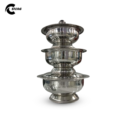 Stainless Steel Donga Set Prime | 3-Piece Serving Bowl Set with Lids | Elegant Abstract Design | Hot & Cold Food Storage Bowls