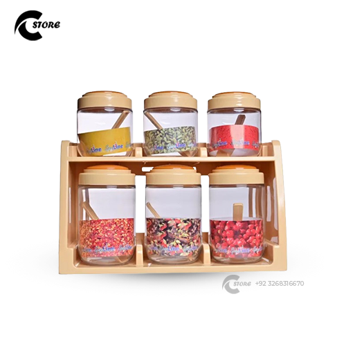 SpiceLine Acrylic Spice Rack | 6 Masala Jars With Spoons | Wall Mount & Countertop | Airtight & Food Grade Plastic Kitchen Organizer