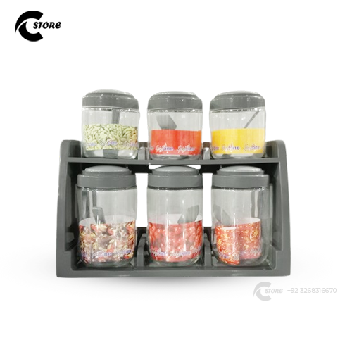 SpiceLine Acrylic Spice Rack | 6 Masala Jars With Spoons | Wall Mount & Countertop | Airtight & Food Grade Plastic Kitchen Organizer