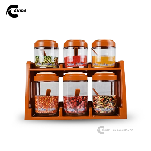 SpiceLine Acrylic Spice Rack | 6 Masala Jars With Spoons | Wall Mount & Countertop | Airtight & Food Grade Plastic Kitchen Organizer