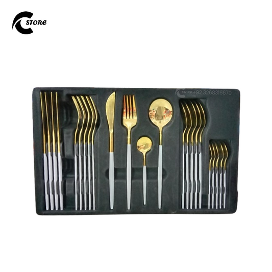 Golden Stainless Steel Cutlery Set 24 Pcs | Includes Spoons, Forks, Knives & Teaspoons | Mirror Finish, Heat & Rust Resistant | Elegant Flatware for Dining & Gifting