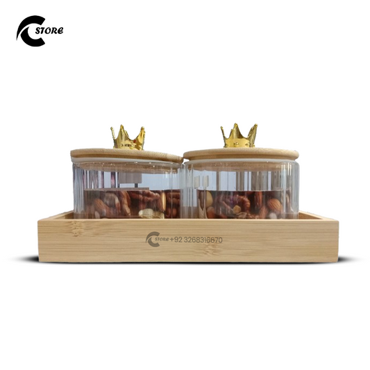 Glass Storage Jar Set with Wooden Airtight Lids & Tray | 2 Pcs Jar + 1 Pc Wooden Tray | Modern Clear Glass Containers for Dry Food, Cookies & Snacks