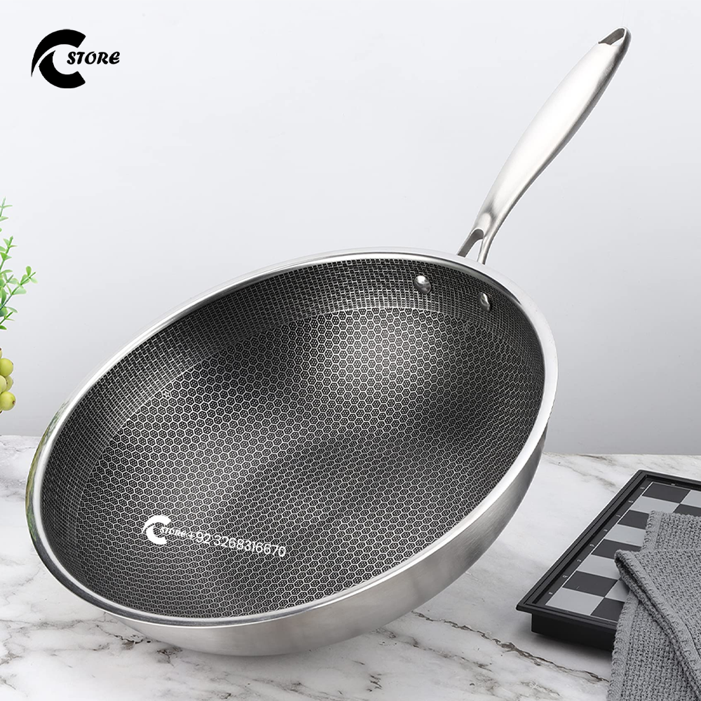 Karahi Laser Coated 43CM Long Handle | 34cm Stainless Steel Saute Panare | Tri-Ply, Induction & Oven Safe