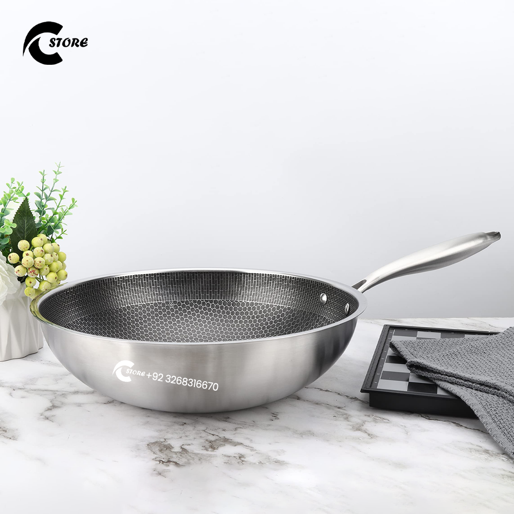 Karahi Laser Coated 43CM Long Handle | 34cm Stainless Steel Saute Panare | Tri-Ply, Induction & Oven Safe