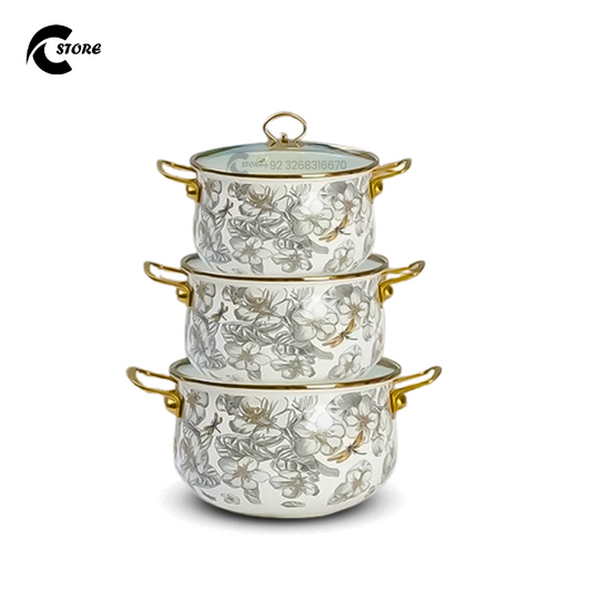 Fancy Reona Set Small | With Sizes (20cm, 22cm, 24cm) | 3Pcs Enamel Casserole With Glass Lid | Stainless Steel Serving & Cooking Bowls