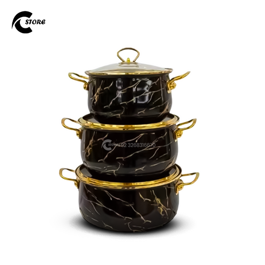 Fancy Reona Set Small | With Sizes (20cm, 22cm, 24cm) | 3Pcs Enamel Casserole With Glass Lid | Stainless Steel Serving & Cooking Bowls